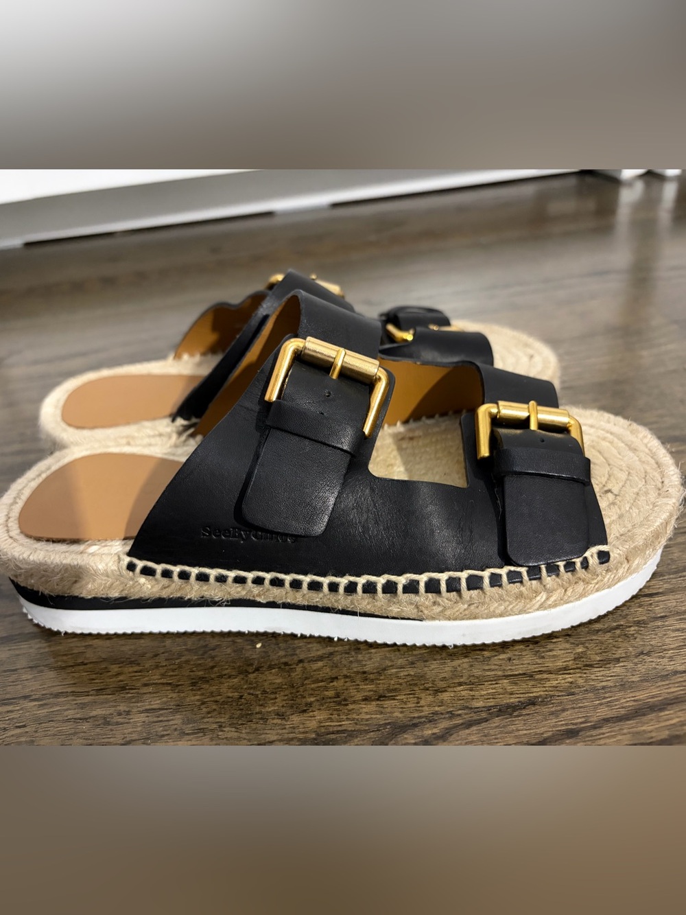 See By Chloe Black Leather Double-Buckle Espadrille Sandals